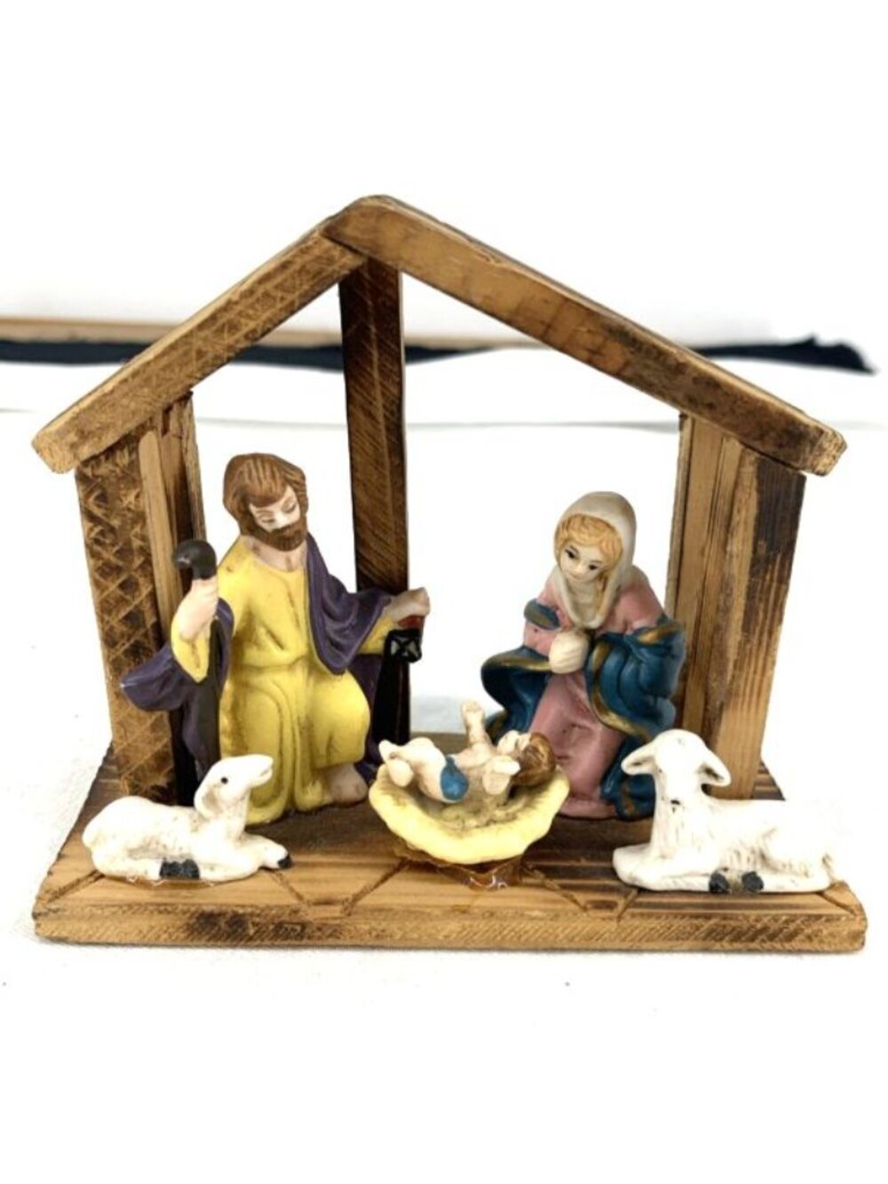 Nativity Scene Set Wooden Stable Manger Ceramic Mary Joseph Jesus Lambs VTG 4"